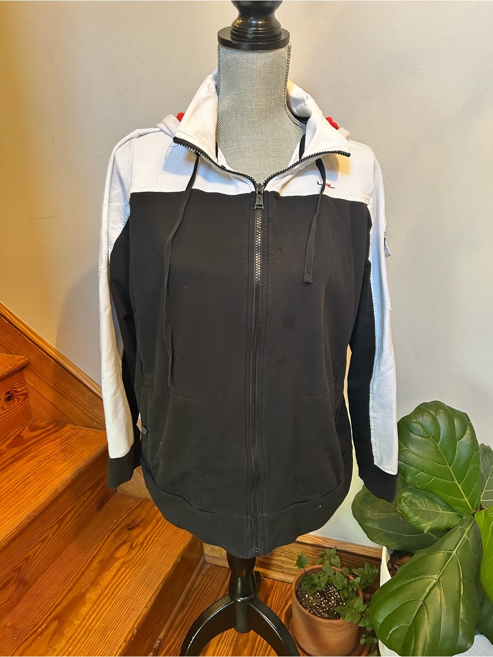 Ralph Lauren Black and White Zip-Front Bomber Hoodie